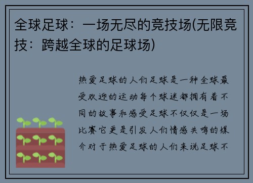 全球足球：一场无尽的竞技场(无限竞技：跨越全球的足球场)