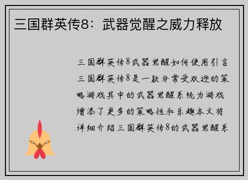 三国群英传8：武器觉醒之威力释放